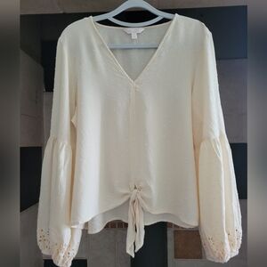 LC Lauren Conrad Cream Bishop Sleeve Tie-Front Blouse Size Large